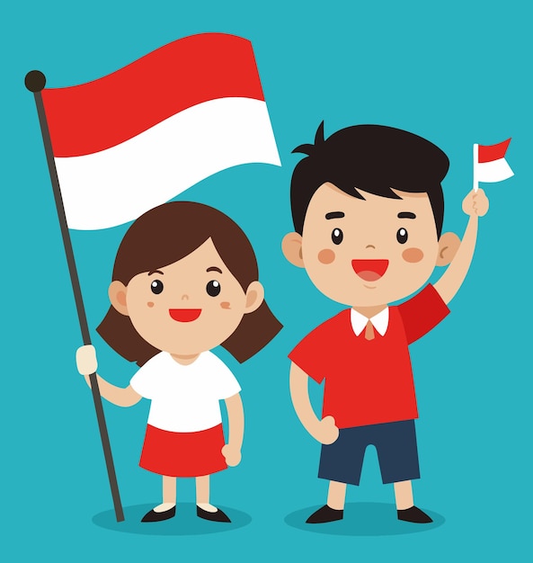 cute boy and girl character cartoon Indonesian Independence day