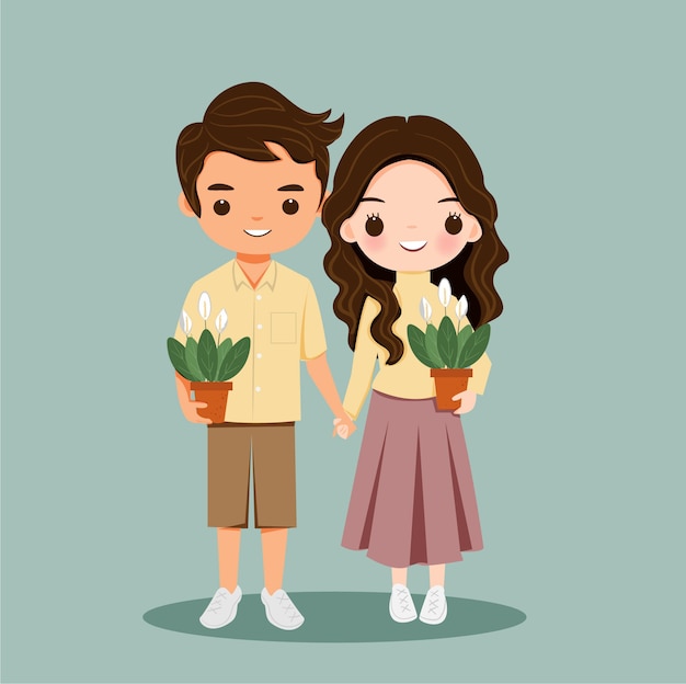 Cute boy and girl couple with plants cartoon character