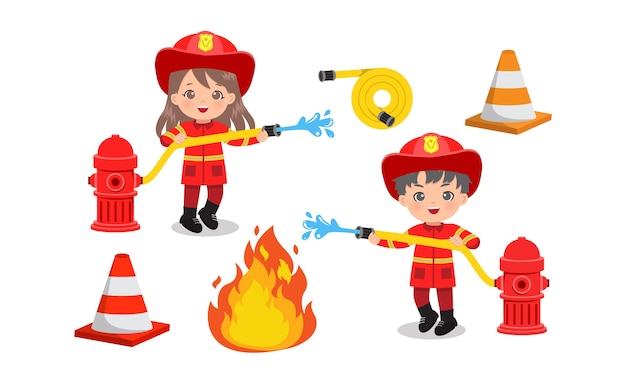 Cute boy and girl in fire fighter uniform extinguish flame with water hose. Flat