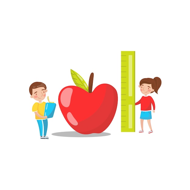 Cute boy and girl measuring red giant apple preschool activities and early childhood education cartoon vector Illustration