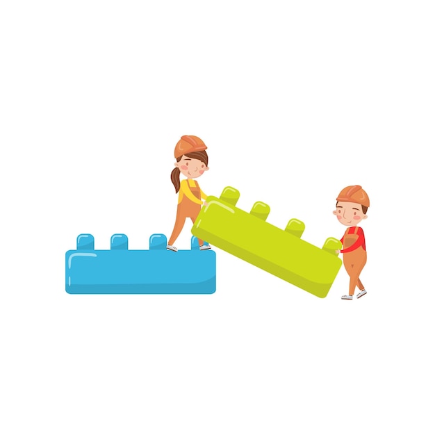 Cute boy and girl playing with buiding toy blocks preschool activities and early childhood education cartoon vector Illustration