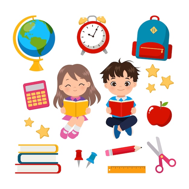 Cute boy and girl reading book with set of school supplies