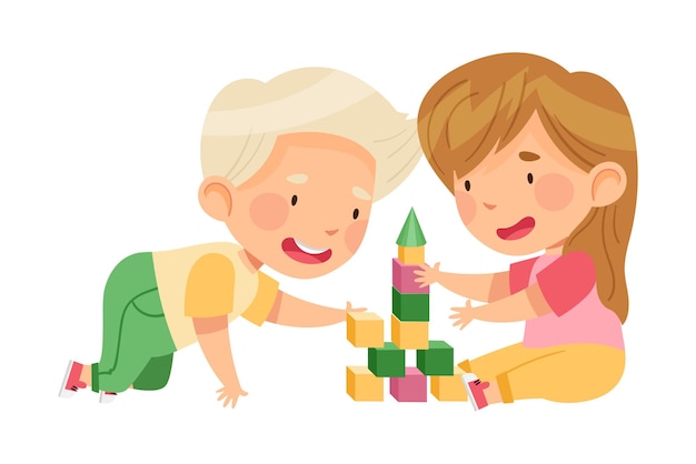 Vector cute boy and girl sitting on the floor in nursery playing toy blocks vector illustration