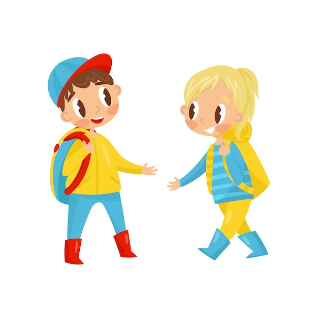 Cute boy and girl with backpack on shoulders Children going on hiking Outdoor activity Flat vector design