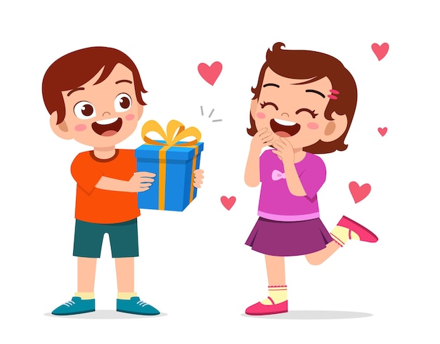 Cute boy give present to little girl for celebrate birthday