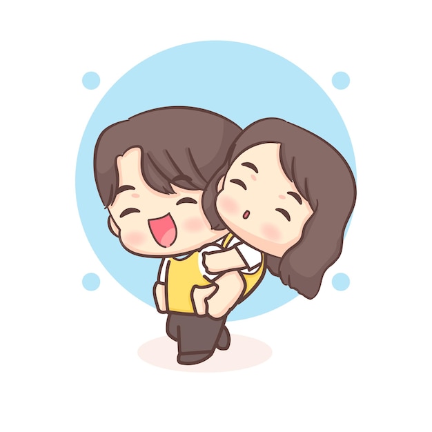 Cute Boy Giving His Girlfriend a Piggy Back Ride. Happy valentine chibi lovers couple cartoon