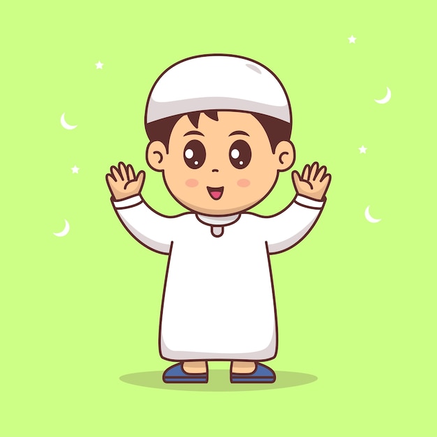 Cute boy Glad celebrating ramadan mubarak eid mubarak cartoon vector illustration