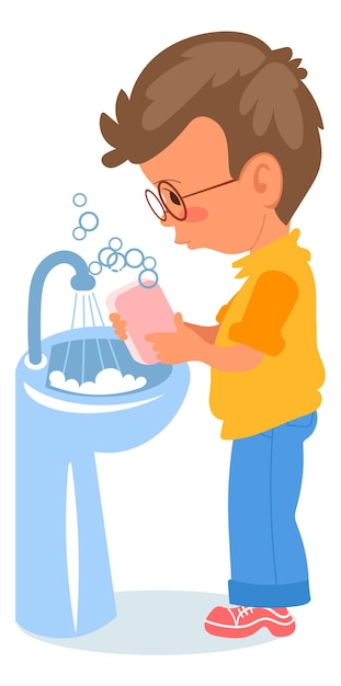 Cute boy in glasses holding soap Kid handwashing