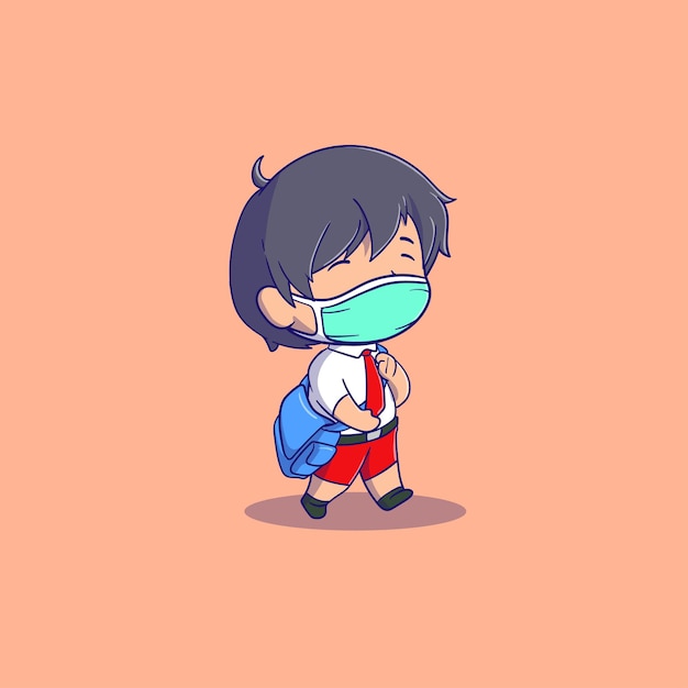 cute boy go to school wearing a medical mask