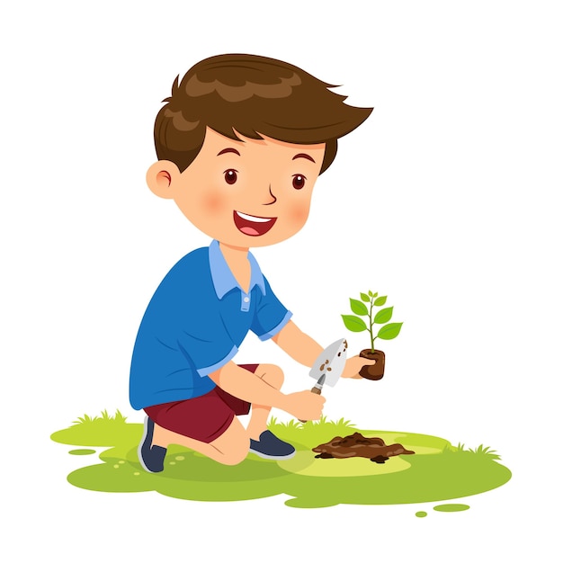 Cute boy happy planting tree