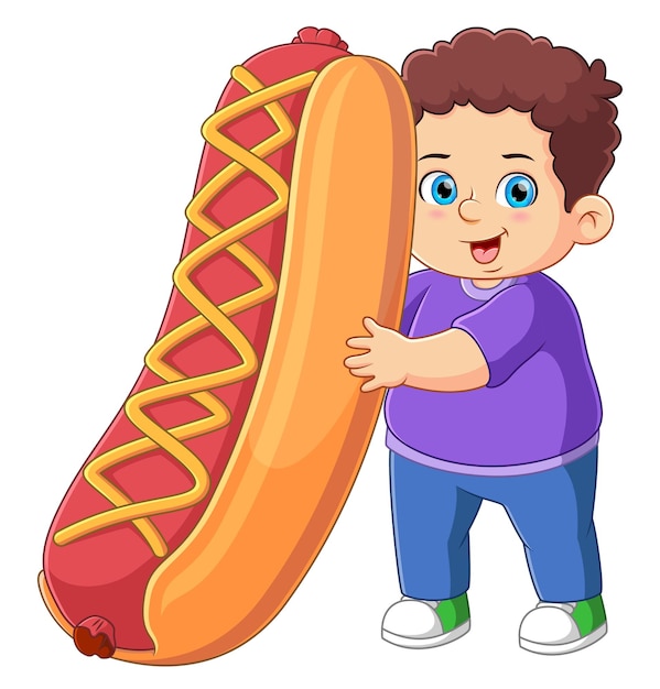 A cute boy holding a big hotdog