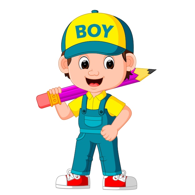 cute boy holding big pencil