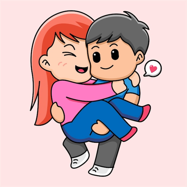 Cute boy holding his girlfriend, love concept cartoon illustration