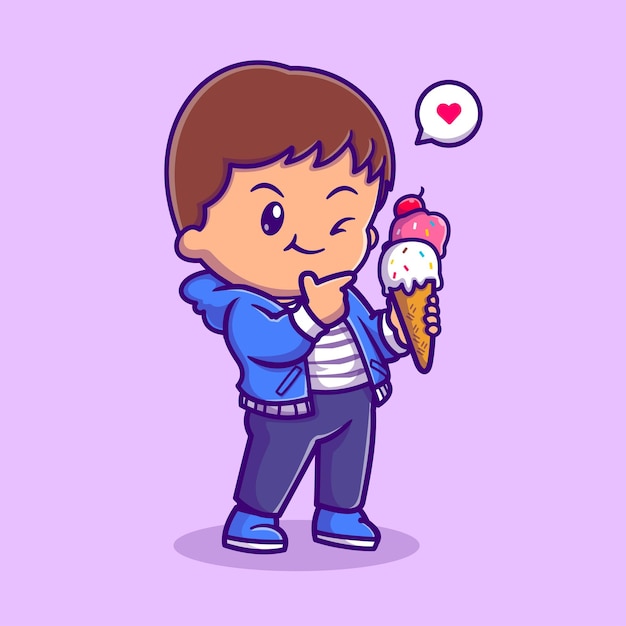 Cute Boy Holding Ice Cream Cartoon Vector Icon Illustration People Food Icon Concept Isolated Flat