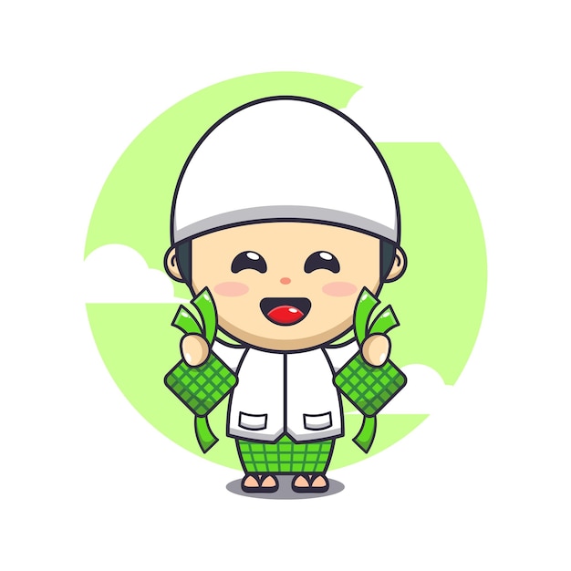 Cute boy holding ketupat cartoon vector illustration Ramadan cartoon mascot vector illustration