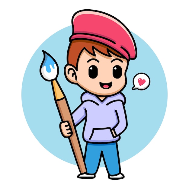 cute boy holding paint brush cartoon illustration