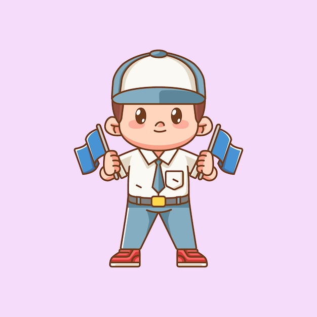 Cute boy Indonesian senior high school hold two flag kawaii chibi character mascot illustration