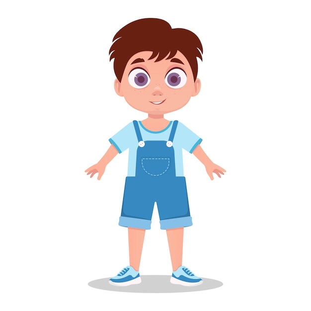 A cute boy is smiling, wearing a blue jumpsuit. Vector illustration