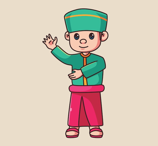 Cute boy islam uniform Isolated cartoon person illustration Flat Style Sticker element vector