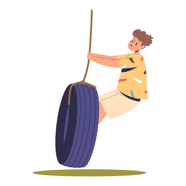 Vector cute boy kid riding tire swing. happy little child on playground. outdoor children leisure activities, fun and entertainment concept. cartoon flat vector illustration