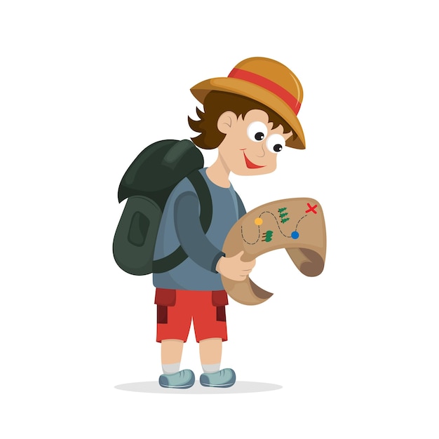 Cute boy looking at map with backpack and hat Traveler is holding the map Vector illustration