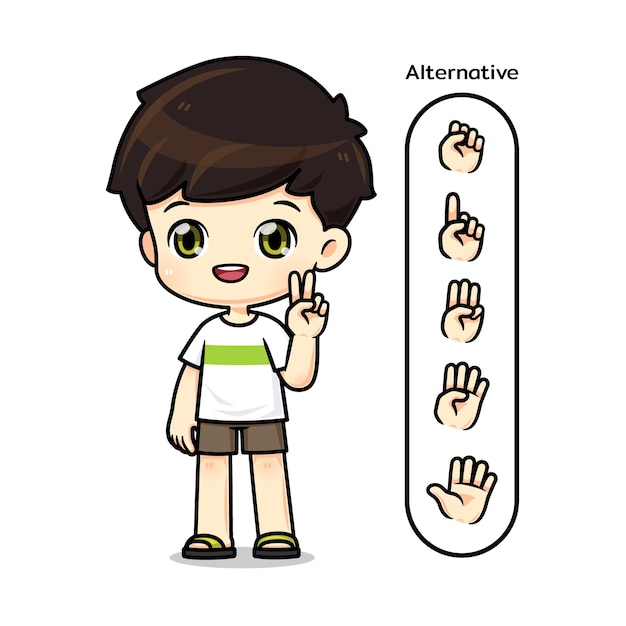 Cute boy mascot cartoon character in showing finger pose