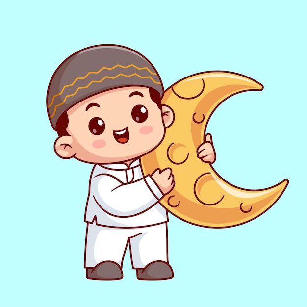 Cute Boy Moslem Holding Moon Cartoon Vector Icon Illustration People Religion Icon Concept Isolated