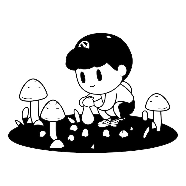 Cute boy in mushroom garden of a boy in mushroom garden