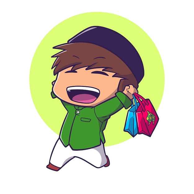 Cute boy muslim with a lot shopbag feeling happy