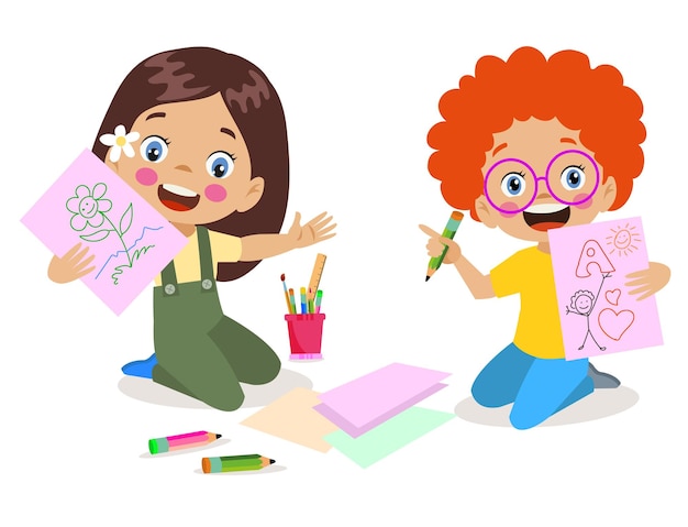 Cute boy painting and cutting colorful craft papers