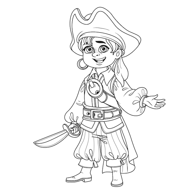 Cute boy in pirate costume outlined for coloring page