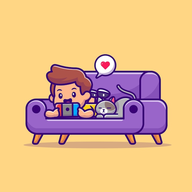 Cute Boy Playing Game With Cat Cartoon Illustration. People Technology Icon Concept