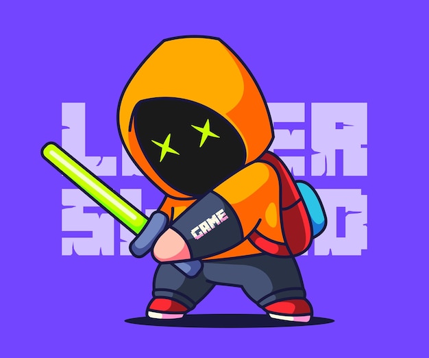 Cute Boy Playing Game with laser sword Illustration Robot Cartoon Vector Icon.