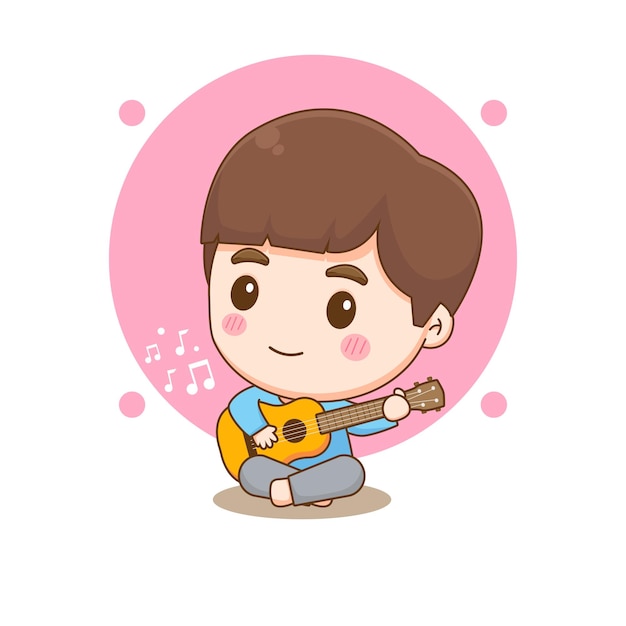 Cute boy playing guitar cartoon character