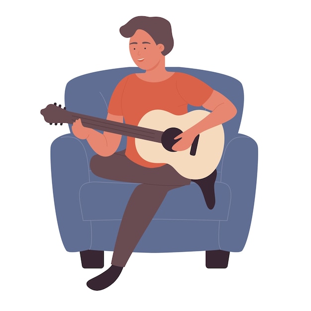 Cute boy playing guitar in cozy armchair furniture