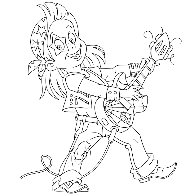 Cute boy playing rock music with electric guitar. Cartoon coloring book page for kids.