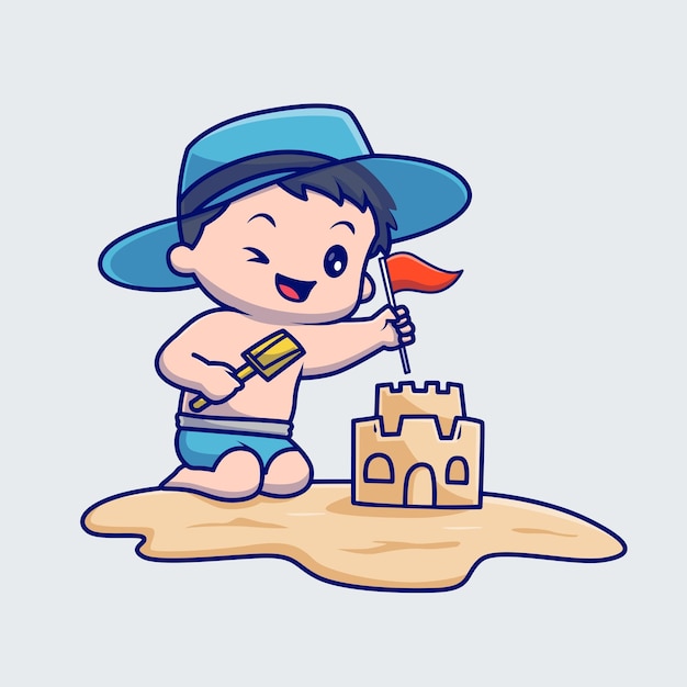 Cute Boy Playing Sand Castle in Beach Cartoon Vector Icon Illustration. People Holiday Isolated Flat