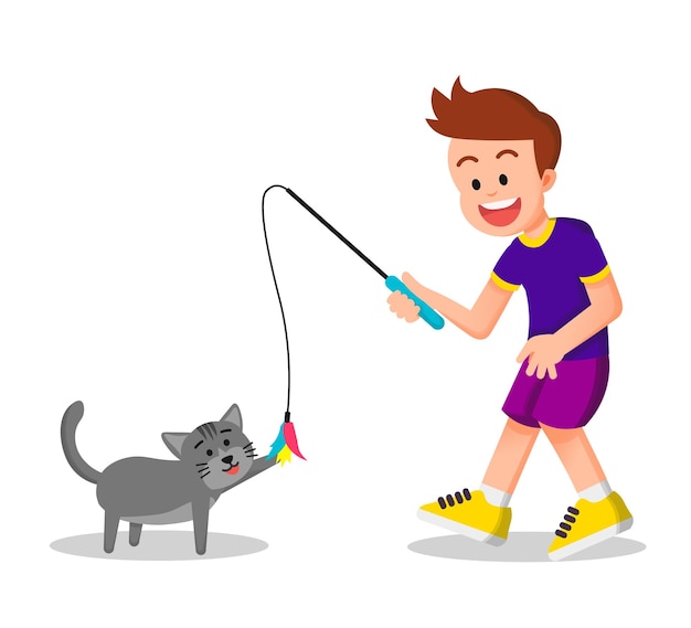 a cute boy playing with his cat