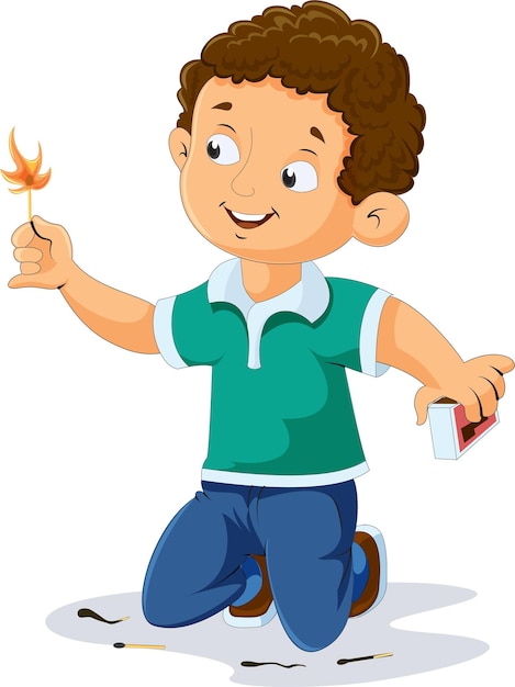 Cute boy playing with matchstick showing do's and don'ts of fire