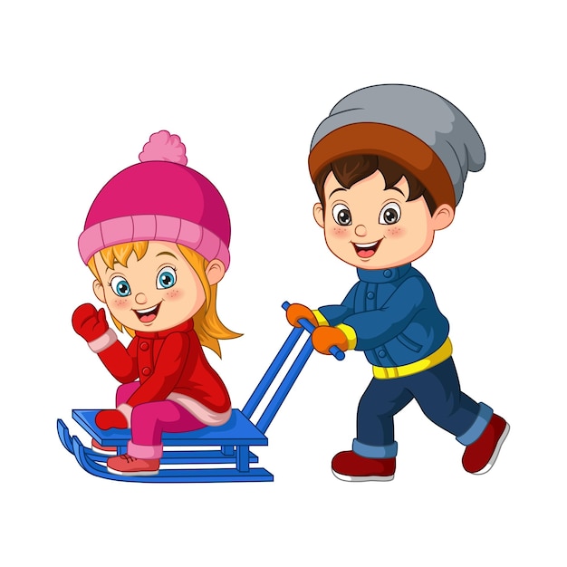 Cute boy pushing a sled with little girl