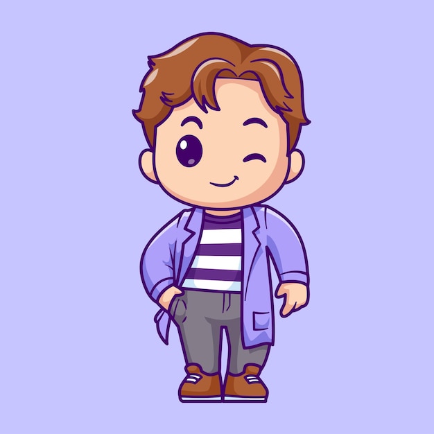 Vector cute boy put hand in pocket cartoon vector icon illustration people fashion icon isolated flat