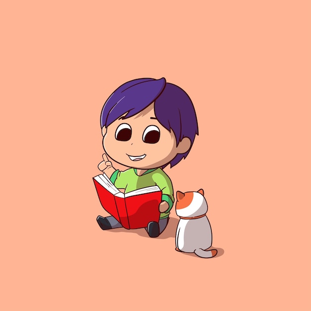 cute boy reading the book with a cat