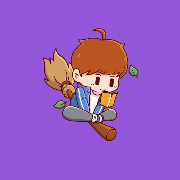 Cute boy ridding a broom icon illustration