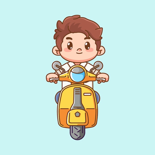 Cute boy riding scooter kawaii chibi character mascot illustration outline style design