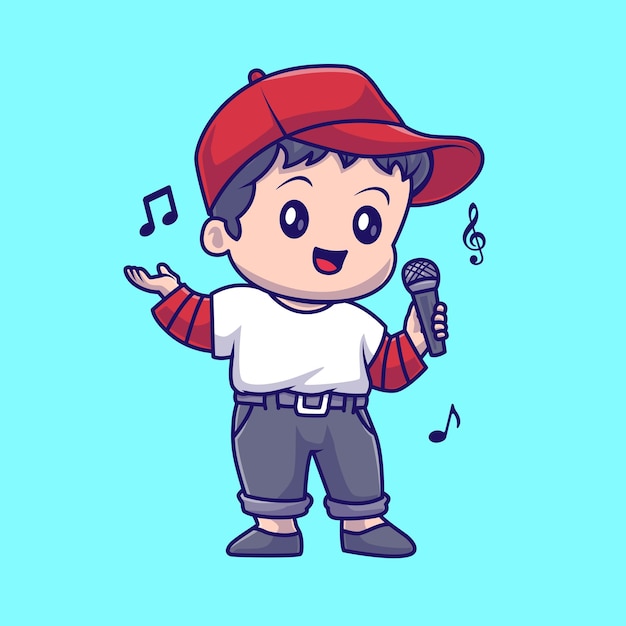 Cute Boy Singing With Microphone Cartoon Vector Icon Illustration. People Music Icon Isolated