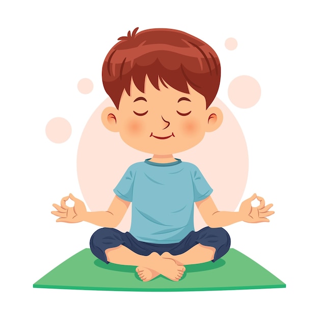 Cute boy sitting crosslegged and meditating in yoga pose calm and relaxed