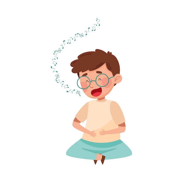 Cute Boy Sitting on Floor and Singing Loudly Vector Illustration