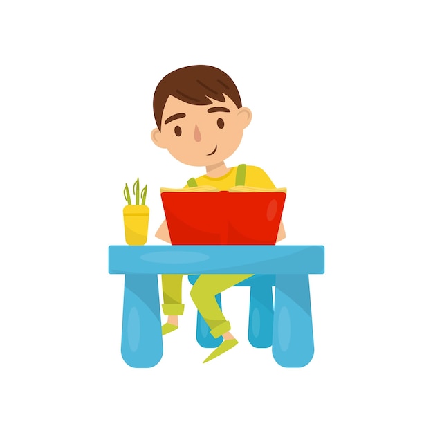 Cute boy sitting at the table and reading a book kids activity daily routine vector Illustration isolated on a white background