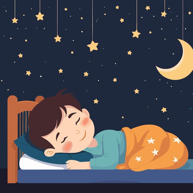 Vector cute boy sleeping in bed with stars and moon on the background adorable children illustration