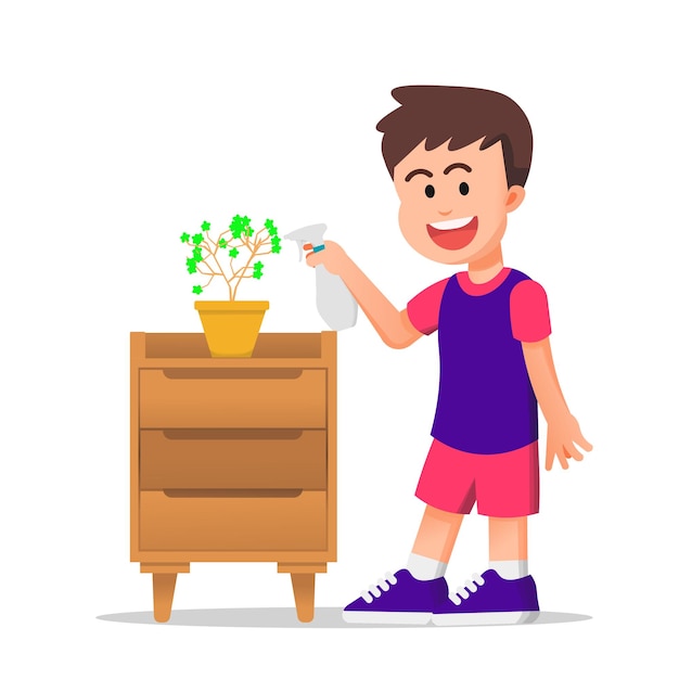 a cute boy sprays a plant in a small pot